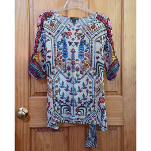 Anthropologie Vineet Bahl Floral Front Tie Blouse Embroidered Boho Women Size L